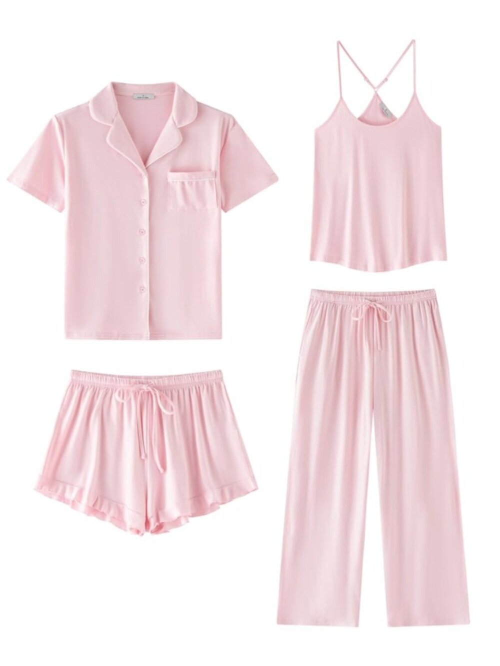 Women Soft Pajama Sets 4 Piece, Cute Pjs, Ruffle Shorts, Cami Top